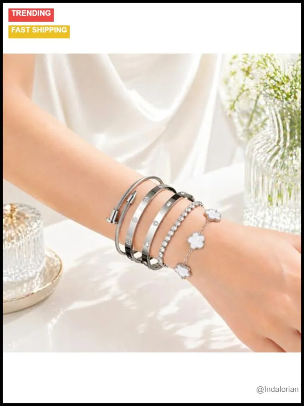18K Gold Plated Love Bangle Bracelet Stack Adjustable CZ Tennis Chain Set